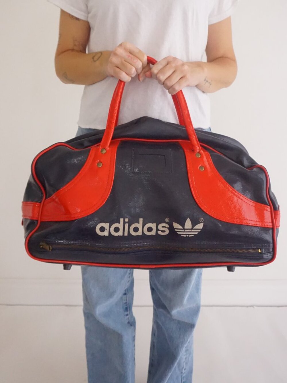 Vintage Adidas Navy Red 1975 Leather Accent Sports Duffle Travel Gym Bag